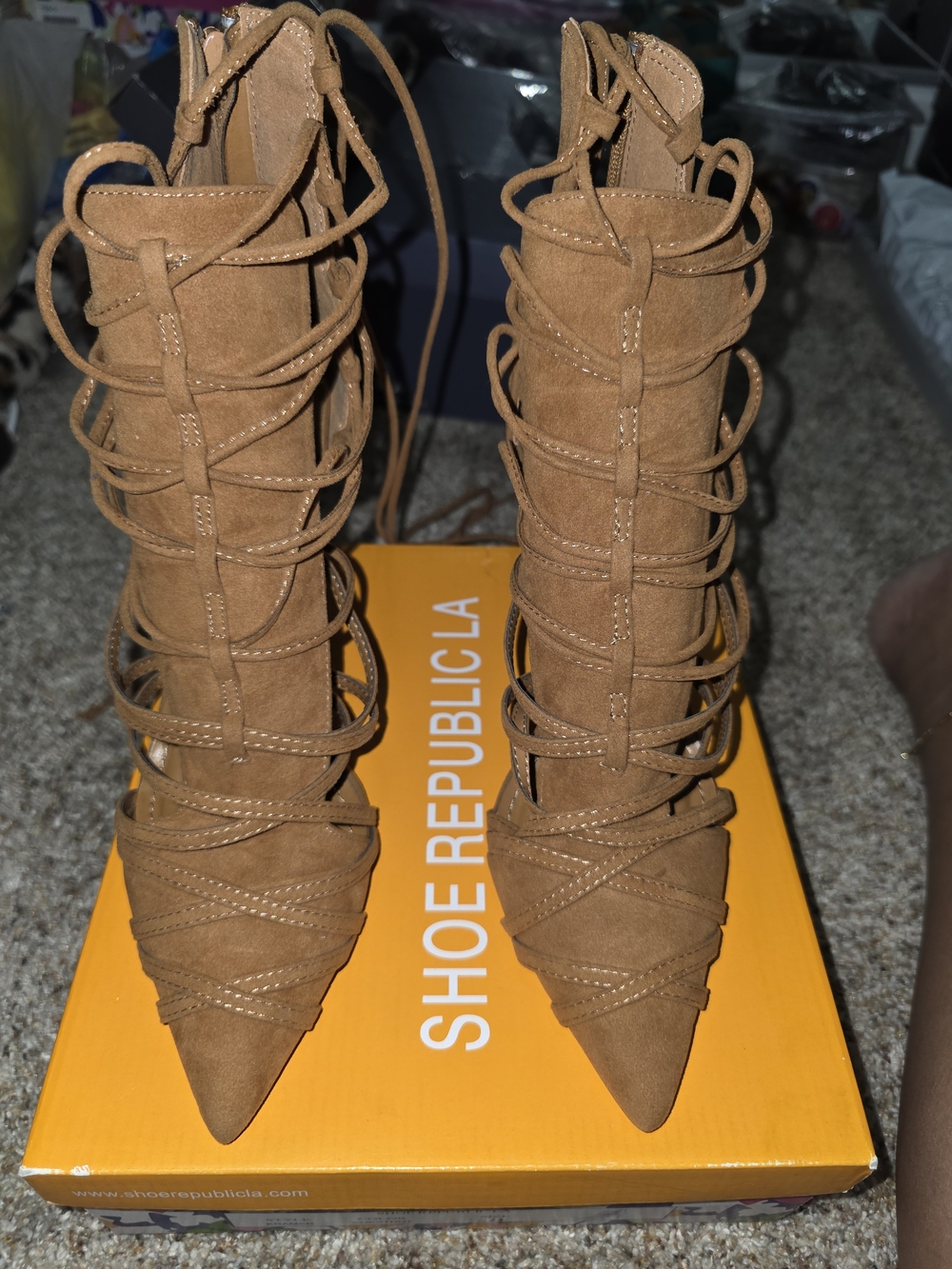 Shoe Republic LA Women's Tan Lace-Up Pointed Toe Heels